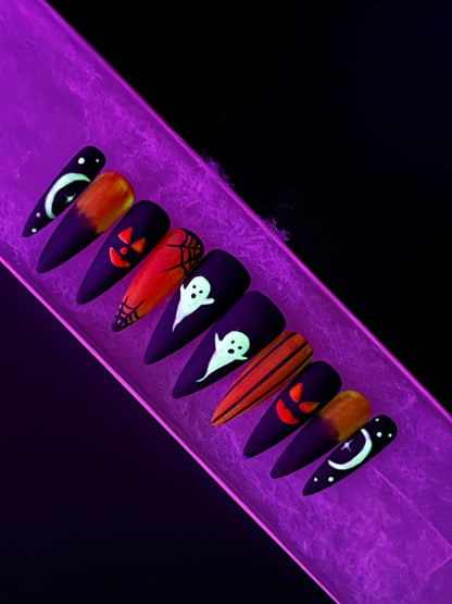Halloweenies - Glow in the Dark Orange and Black Halloween Nails False Press-On Nail Extensions 10pcs
