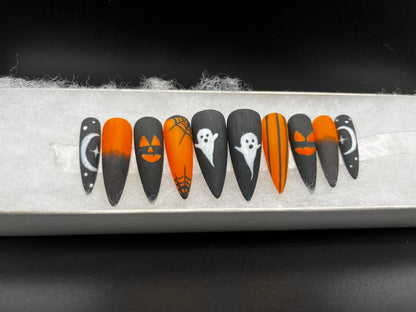 Halloweenies - Glow in the Dark Orange and Black Halloween Nails False Press-On Nail Extensions 10pcs