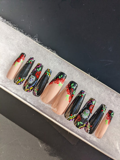 Calaveritas - Day of the Dead Sugar Skull Mexican Hand-Painted False Press-On Nail Extensions 10pcs