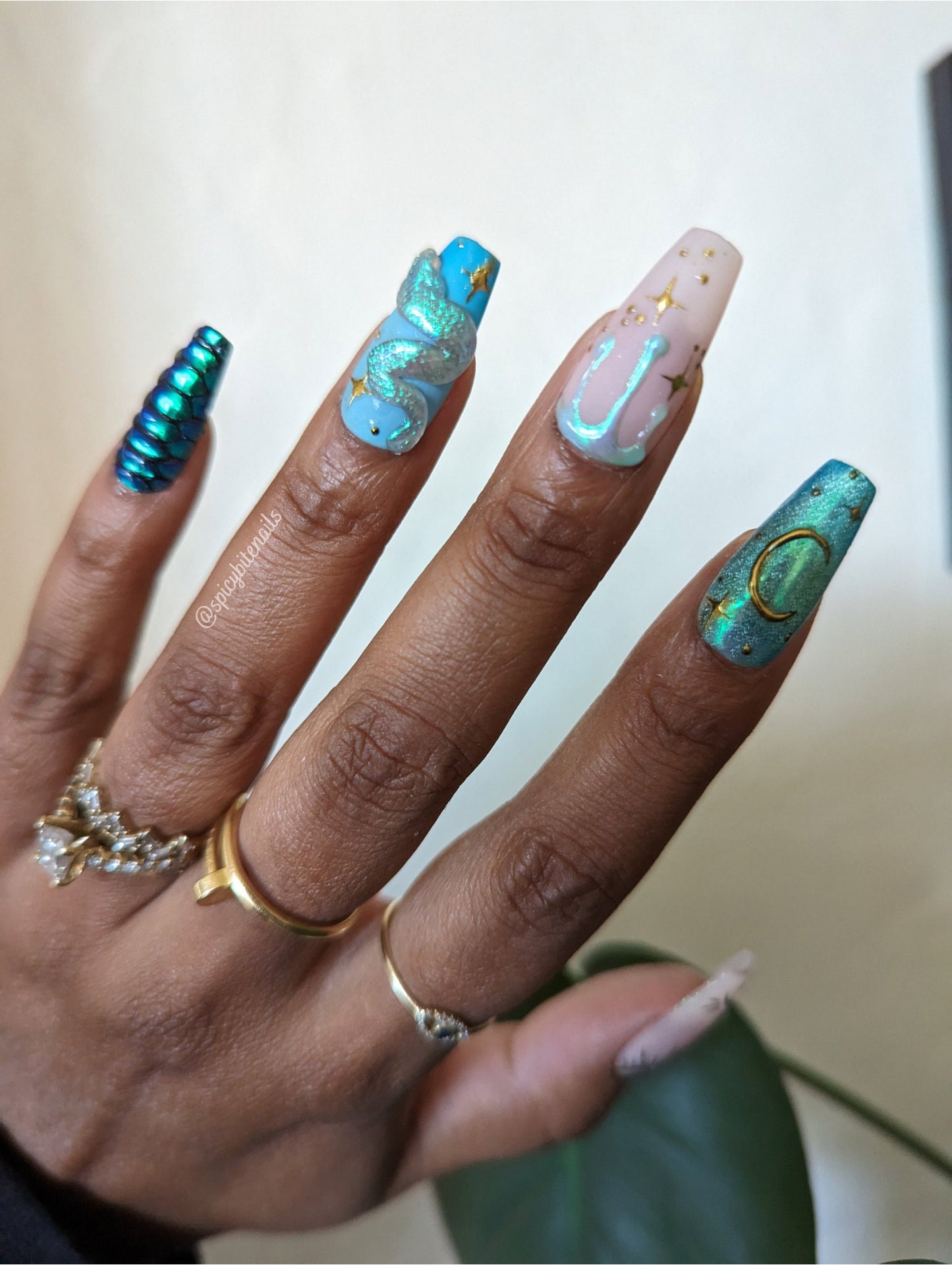Snake Charmer - Witchy Turquoise 3D Snake Color Changing Glow in the Dark False Press-On Nail Extensions 10pcs