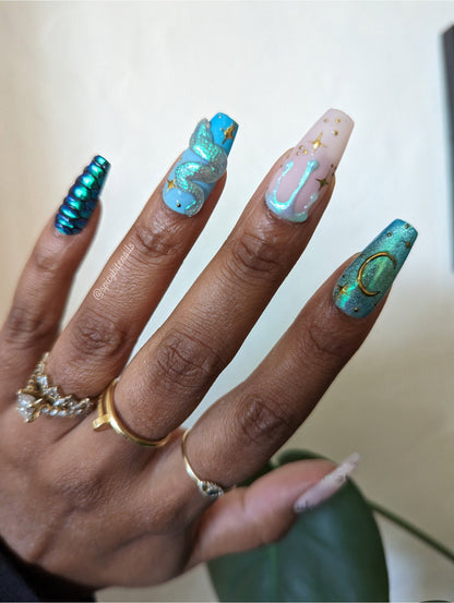 Snake Charmer - Witchy Turquoise 3D Snake Color Changing Glow in the Dark False Press-On Nail Extensions 10pcs