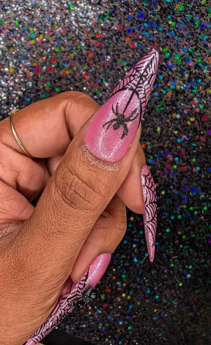 Halloween Barbie -  Pink and Black Glitter Spiderweb False Press-On Nail Extensions 10pcs