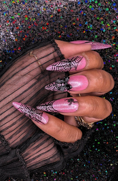 Halloween Barbie -  Pink and Black Glitter Spiderweb False Press-On Nail Extensions 10pcs