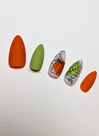 Pumpkin Patch -  Orange, Grass Green and Speckled White Minimalist Fall False Press-On Nail Extensions 10pcs