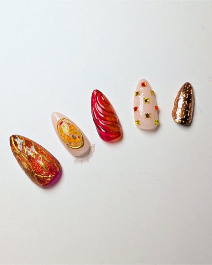 Autumnal Equinox -  Nude, Red, Orange and Yellow Cat-Eye Nuance 3D Chrome False Press-On Nail Extensions 10pcs