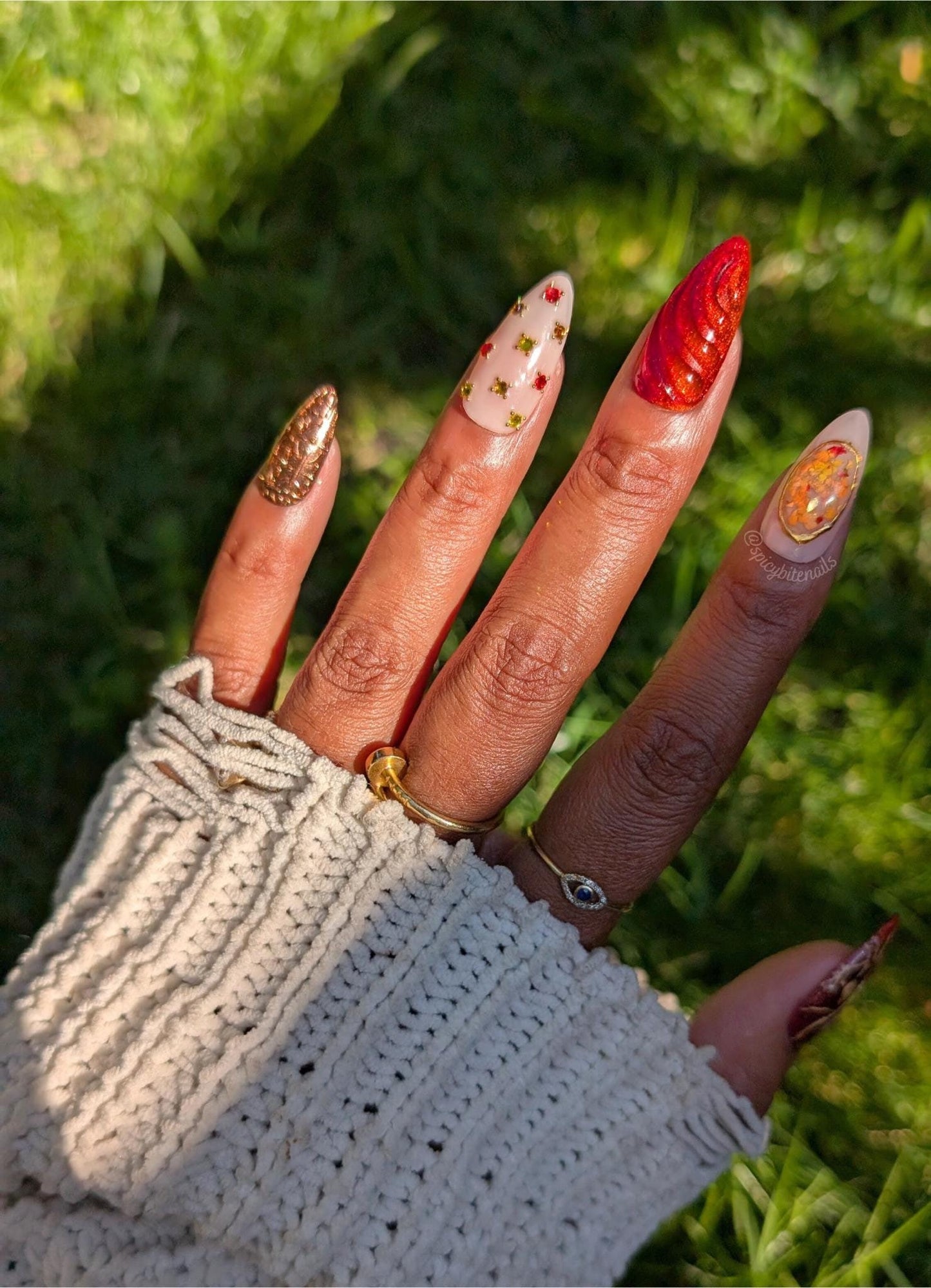 Autumnal Equinox -  Nude, Red, Orange and Yellow Cat-Eye Nuance 3D Chrome False Press-On Nail Extensions 10pcs