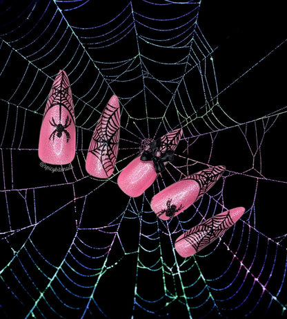 Halloween Barbie -  Pink and Black Glitter Spiderweb False Press-On Nail Extensions 10pcs