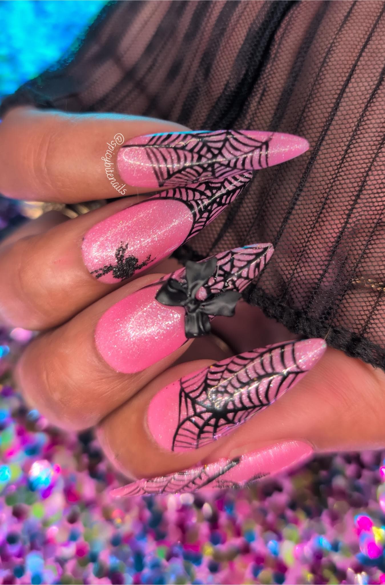 Halloween Barbie -  Pink and Black Glitter Spiderweb False Press-On Nail Extensions 10pcs