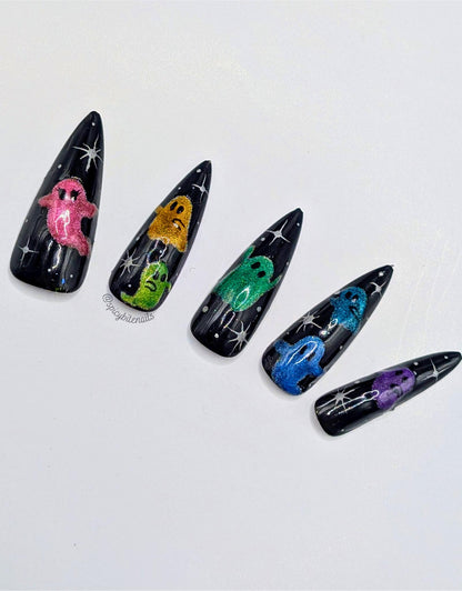 Party Ghosts - Glow in the Dark Rainbow Ghost Cat-Eye False Press-On Nail Extensions 10pcs