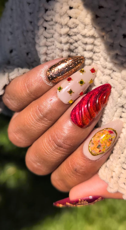 Autumnal Equinox -  Nude, Red, Orange and Yellow Cat-Eye Nuance 3D Chrome False Press-On Nail Extensions 10pcs