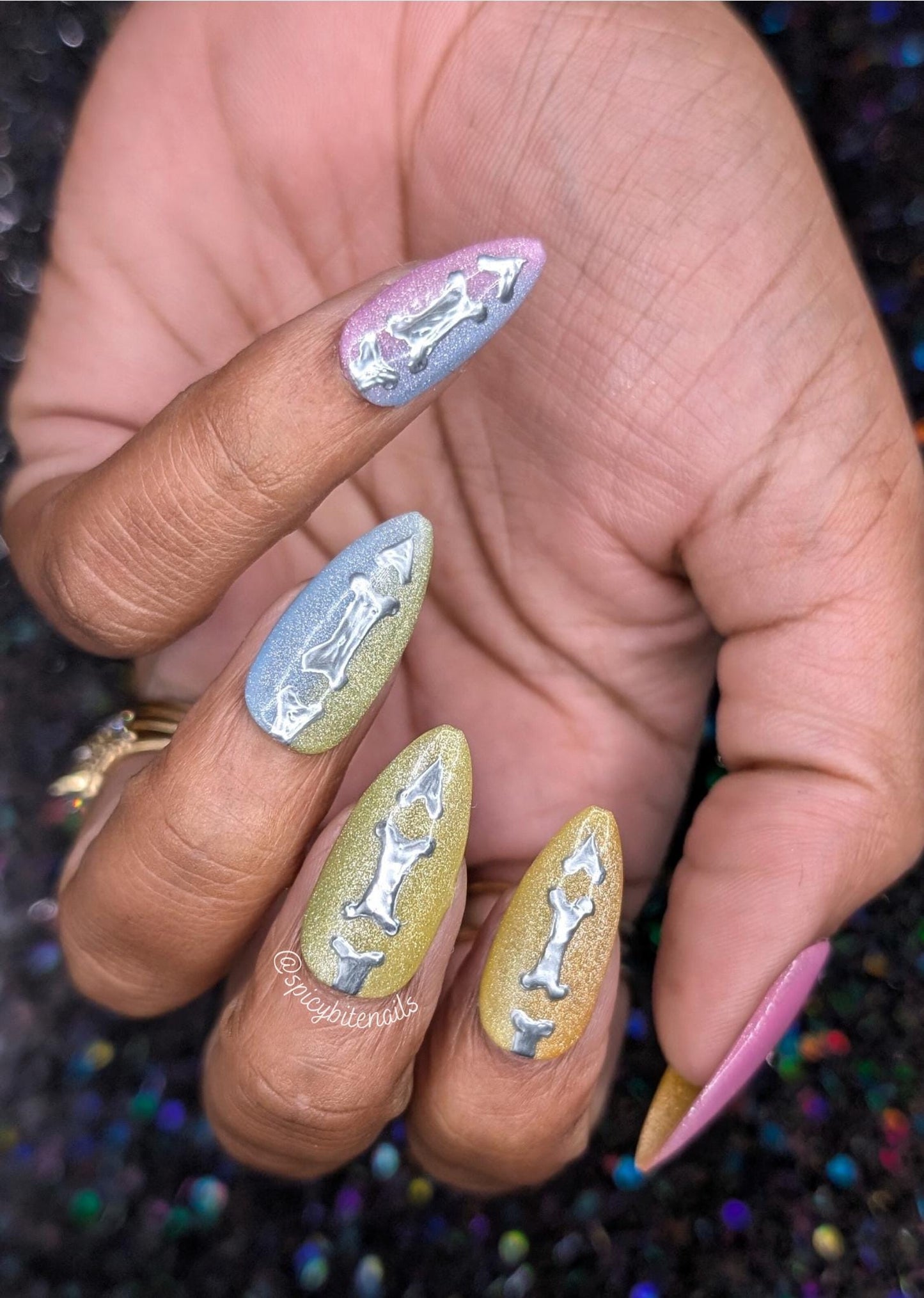 Graveyard Glam - Bone Glow in the Dark Cat-eye Rainbow Ombre False Press-On Nail Extensions 10pcs