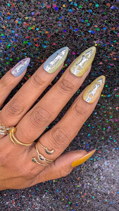 Graveyard Glam - Bone Glow in the Dark Cat-eye Rainbow Ombre False Press-On Nail Extensions 10pcs