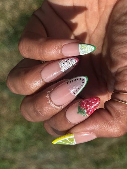 Fruity Phalanges – Fruit Themed Cat-Eye Half French Tip Press-On Nail Extensions 10pcs