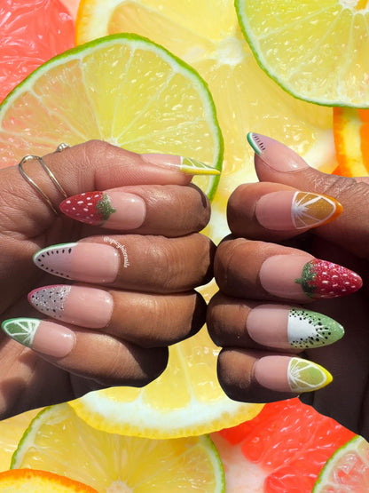 Fruity Phalanges – Fruit Themed Cat-Eye Half French Tip Press-On Nail Extensions 10pcs