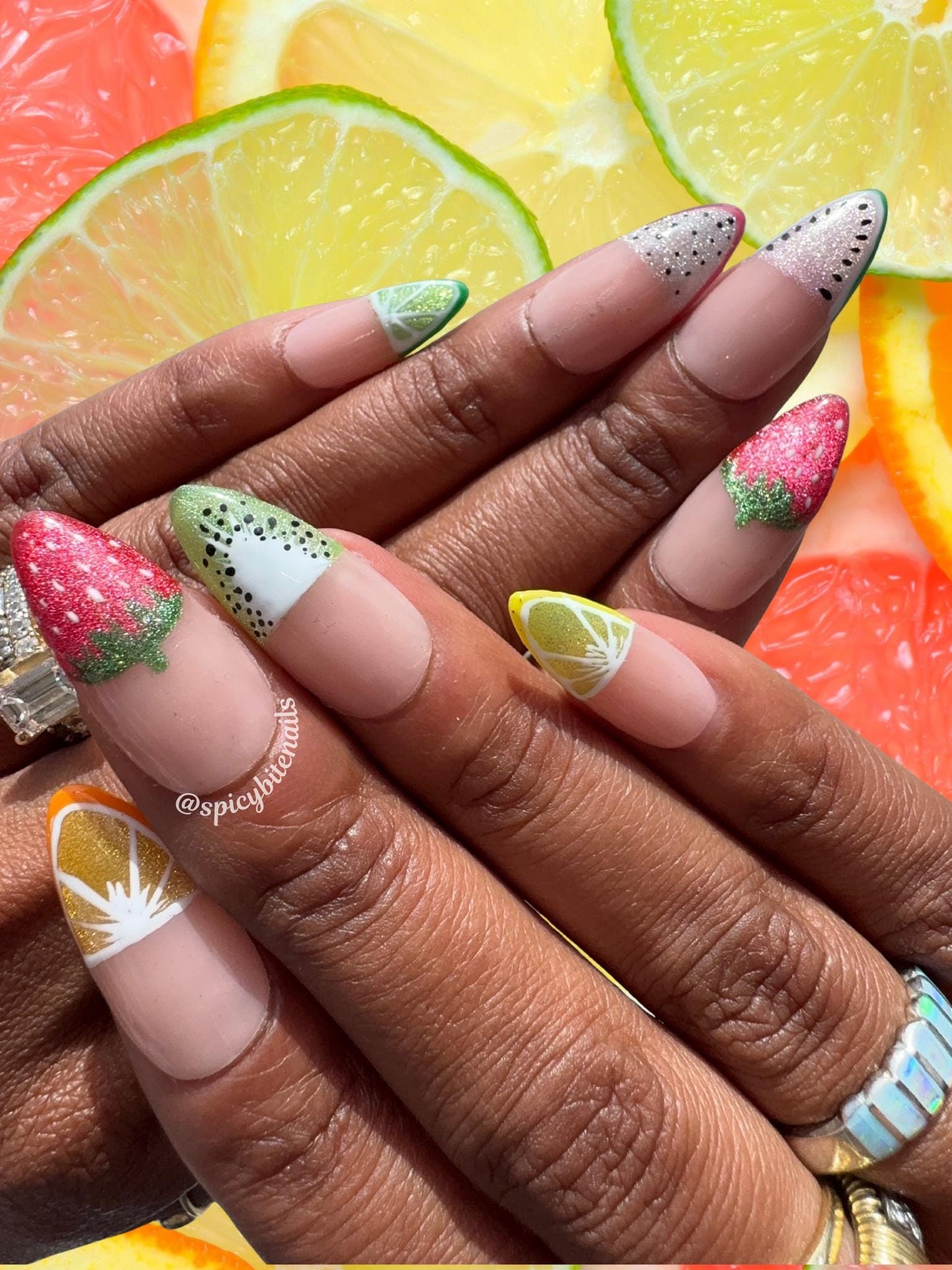 Fruity Phalanges – Fruit Themed Cat-Eye Half French Tip Press-On Nail Extensions 10pcs