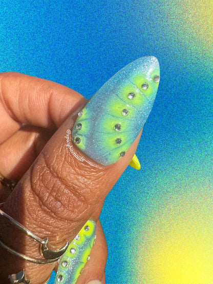 Shock Therapy - Blue and Neon Yellow Rhinestone Blooming Gel Tie-Dye False Press-On Nail Extensions 10pcs