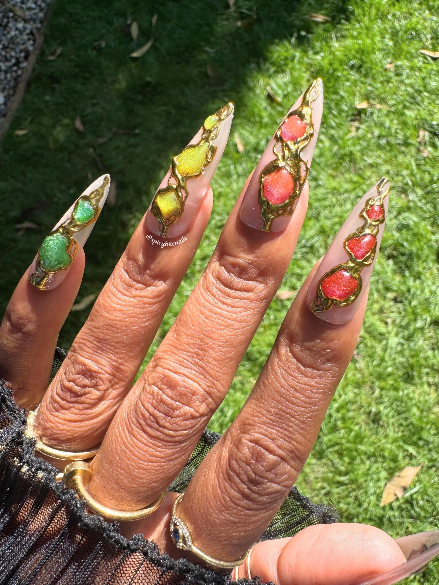 Autumn Alchemy - 3D Nude Fall Cat-Eye and Gold Chrome Press-On Nail Extensions 10pcs
