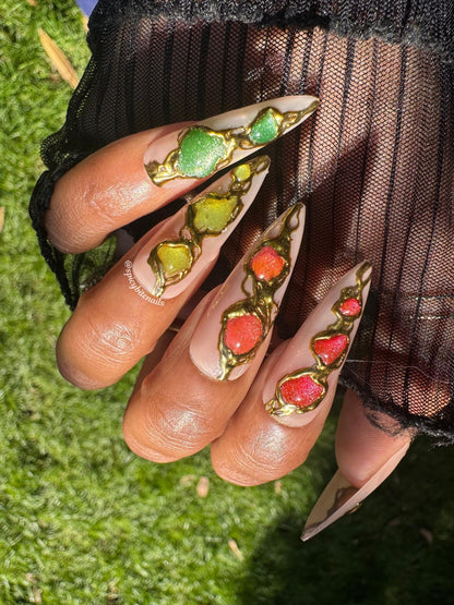 Autumn Alchemy - 3D Nude Fall Cat-Eye and Gold Chrome Press-On Nail Extensions 10pcs
