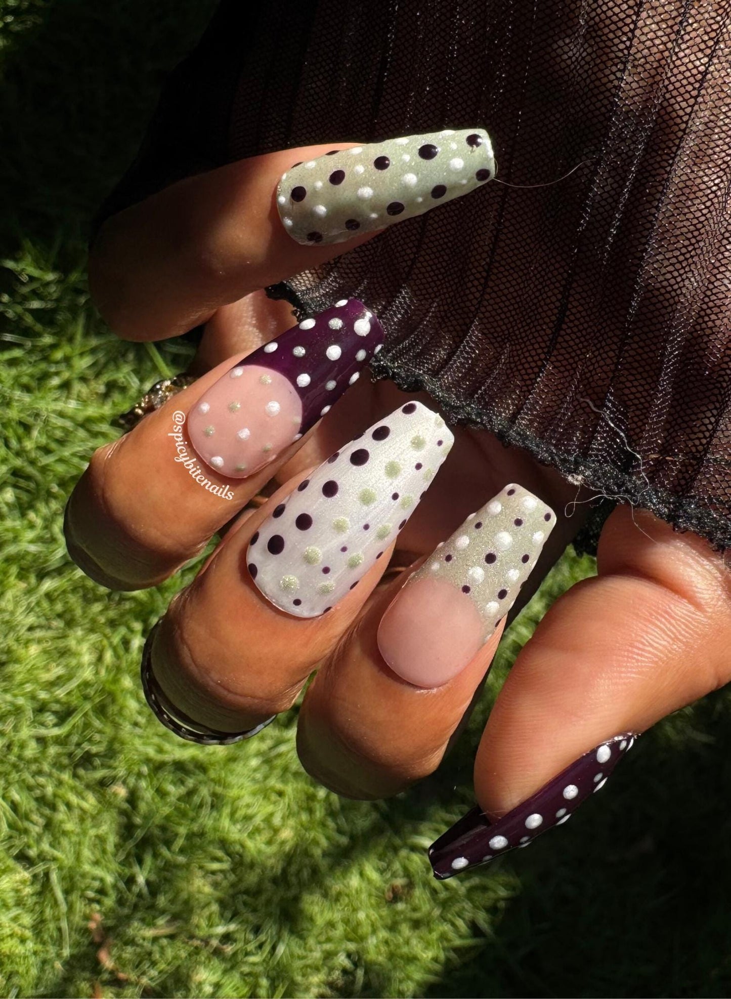 Dot & Dash - Purple, Cream and Sage Green Cat-Eye Polka Dot Press-On Nail Extensions 10pcs