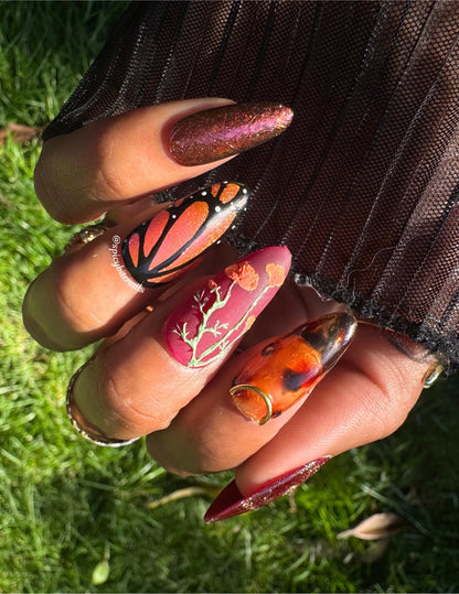 Emberwing -  Red and Orange Butterfly Cat-Eye False Press-On Nail Extensions 10pcs