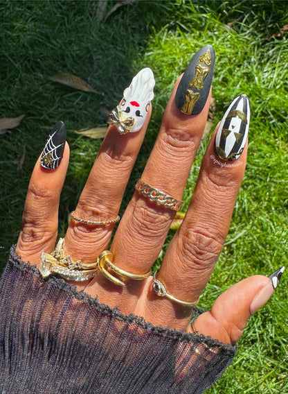 Golden Ghoul - Black and White Gold Chrome Halloween Ghost Press-On Nail Extensions 10pcs